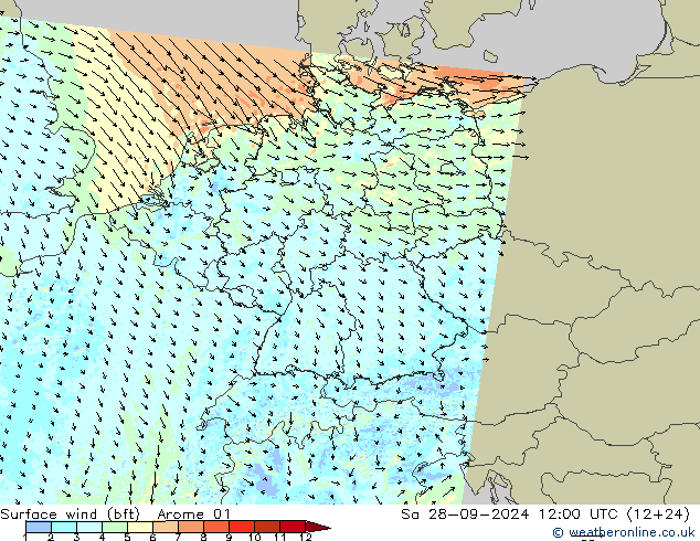 Wind 10 m (bft) Arome 01 za 28.09.2024 12 UTC