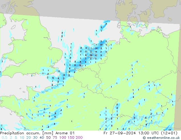 Precipitation accum. Arome 01 星期五 27.09.2024 13 UTC