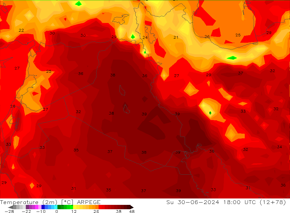 Temperatuurkaart (2m) ARPEGE zo 30.06.2024 18 UTC