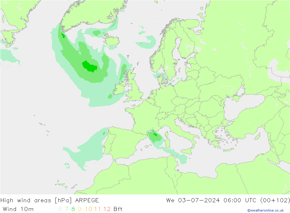 High wind areas ARPEGE We 03.07.2024 06 UTC