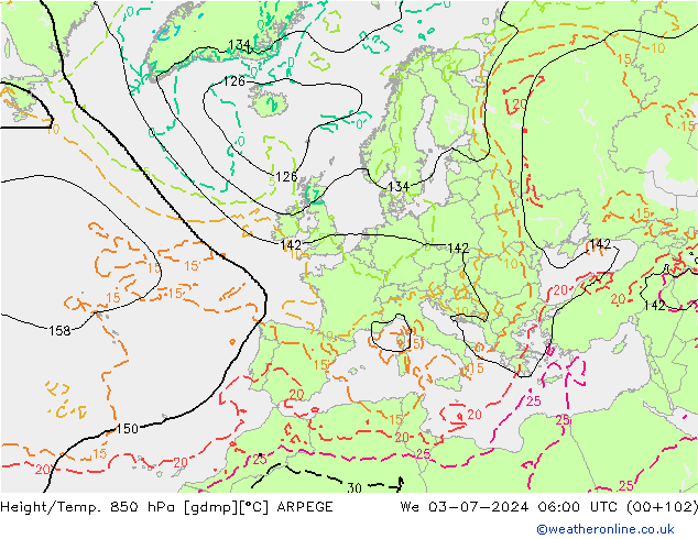 Hoogte/Temp. 850 hPa ARPEGE wo 03.07.2024 06 UTC
