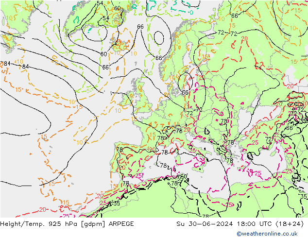 Hoogte/Temp. 925 hPa ARPEGE zo 30.06.2024 18 UTC