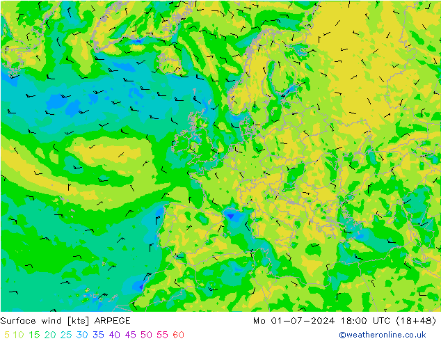 风 10 米 ARPEGE 星期一 01.07.2024 18 UTC