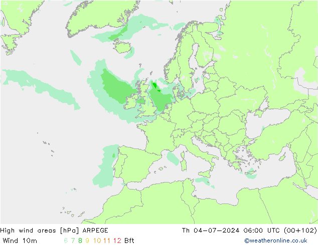 High wind areas ARPEGE 星期四 04.07.2024 06 UTC