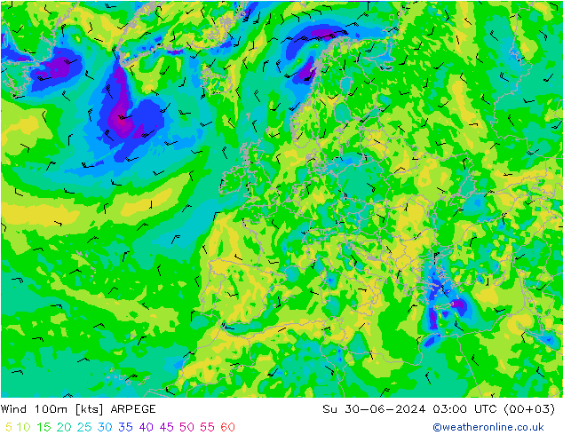 风 100m ARPEGE 星期日 30.06.2024 03 UTC