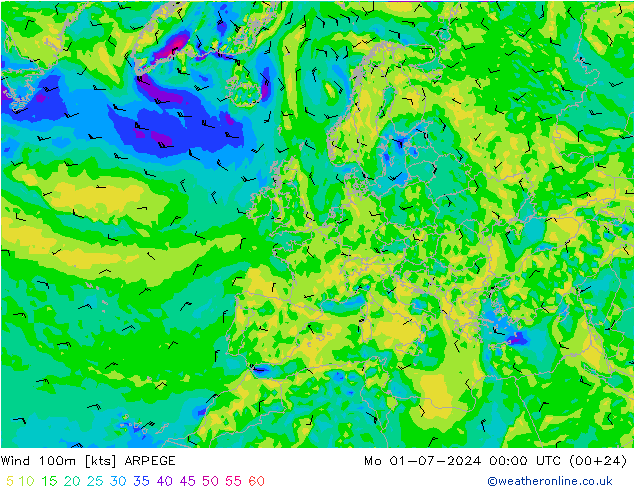 风 100m ARPEGE 星期一 01.07.2024 00 UTC