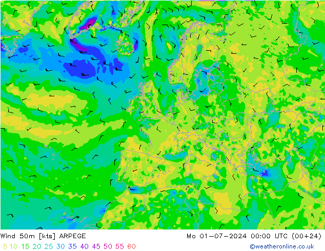 风 50 米 ARPEGE 星期一 01.07.2024 00 UTC