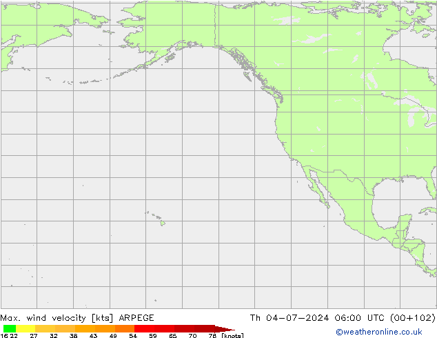 Max. wind velocity ARPEGE Čt 04.07.2024 06 UTC