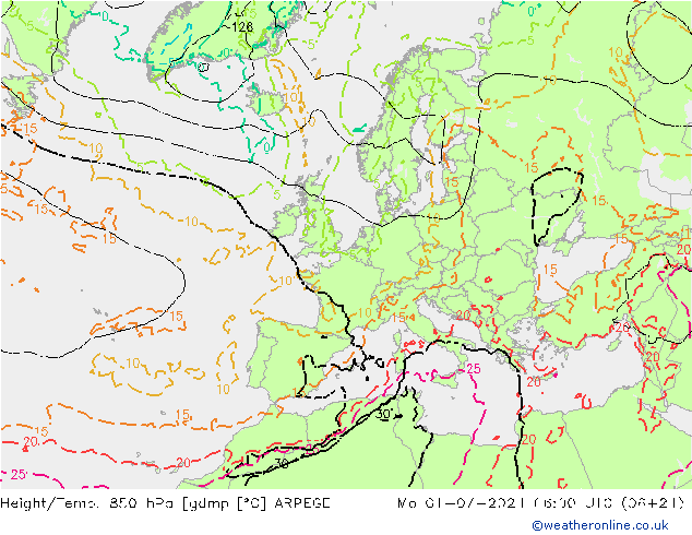 Height/Temp. 850 hPa ARPEGE 星期一 01.07.2024 06 UTC