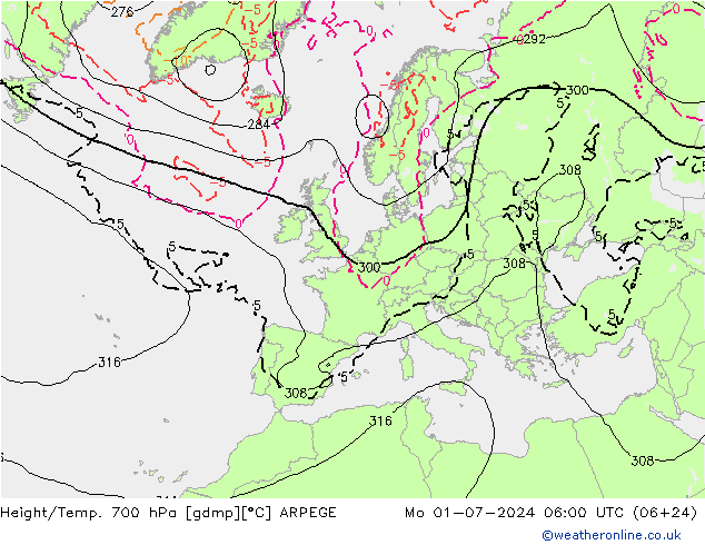 Hoogte/Temp. 700 hPa ARPEGE ma 01.07.2024 06 UTC