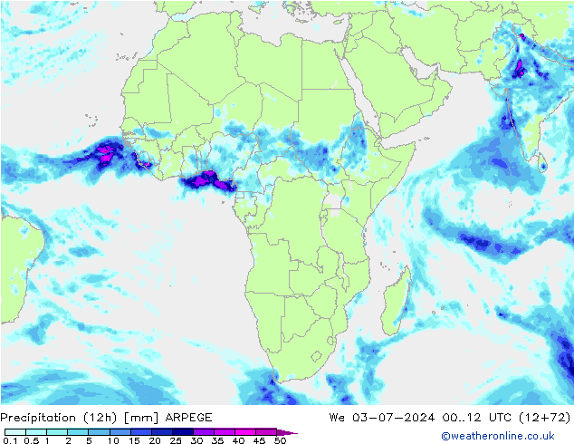 Totale neerslag (12h) ARPEGE wo 03.07.2024 12 UTC