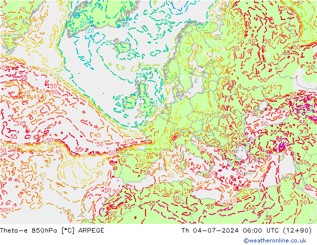 Theta-e 850hPa ARPEGE 星期四 04.07.2024 06 UTC