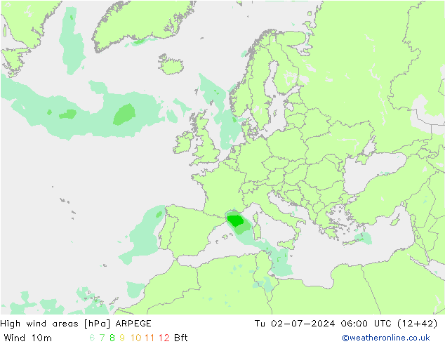 High wind areas ARPEGE 星期二 02.07.2024 06 UTC