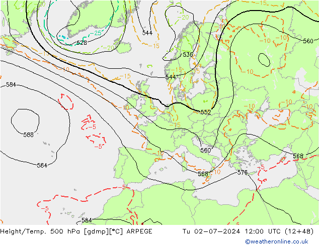 Hoogte/Temp. 500 hPa ARPEGE di 02.07.2024 12 UTC