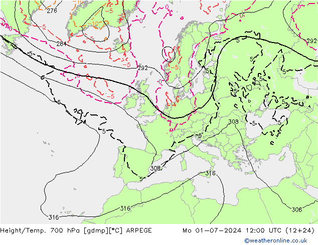 Hoogte/Temp. 700 hPa ARPEGE ma 01.07.2024 12 UTC
