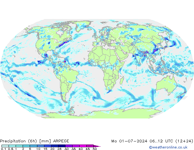 降水量 (6h) ARPEGE 星期一 01.07.2024 12 UTC