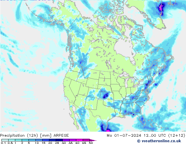 降水量 (12h) ARPEGE 星期一 01.07.2024 00 UTC