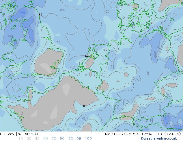 RH 2m ARPEGE 星期一 01.07.2024 12 UTC