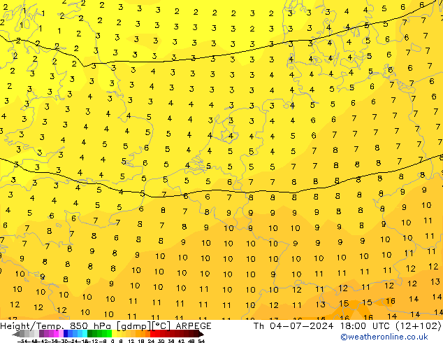 Hoogte/Temp. 850 hPa ARPEGE do 04.07.2024 18 UTC