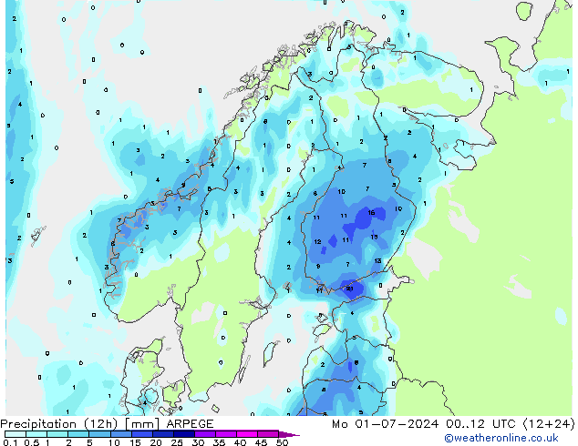 降水量 (12h) ARPEGE 星期一 01.07.2024 12 UTC