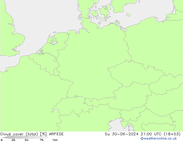 Bewolking (Totaal) ARPEGE zo 30.06.2024 21 UTC