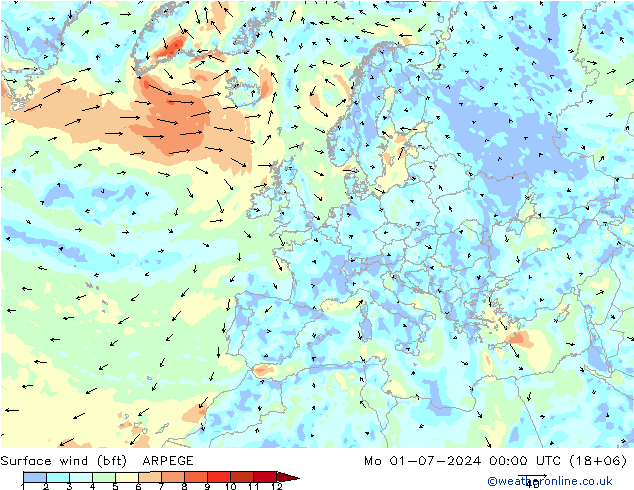 Wind 10 m (bft) ARPEGE ma 01.07.2024 00 UTC