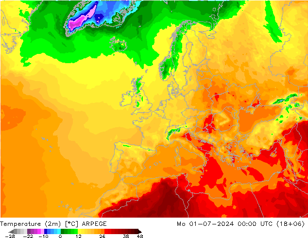 温度图 ARPEGE 星期一 01.07.2024 00 UTC