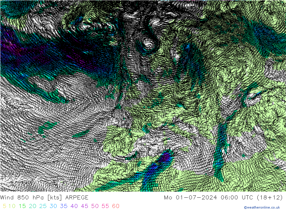 风 850 hPa ARPEGE 星期一 01.07.2024 06 UTC