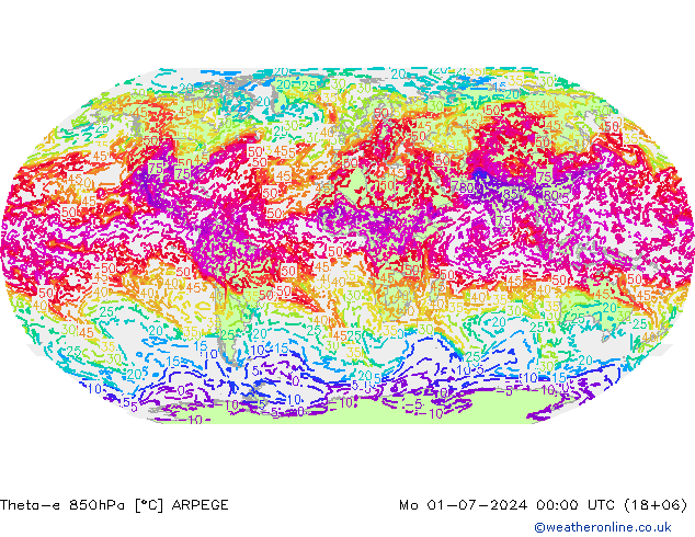 Theta-e 850hPa ARPEGE 星期一 01.07.2024 00 UTC