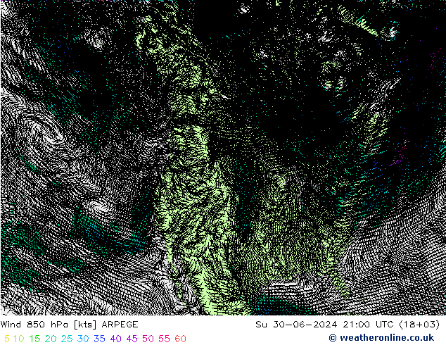 风 850 hPa ARPEGE 星期日 30.06.2024 21 UTC