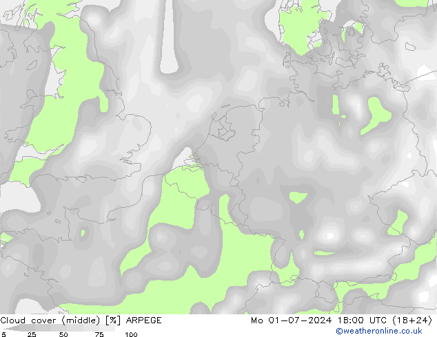 Bewolking (Middelb.) ARPEGE ma 01.07.2024 18 UTC