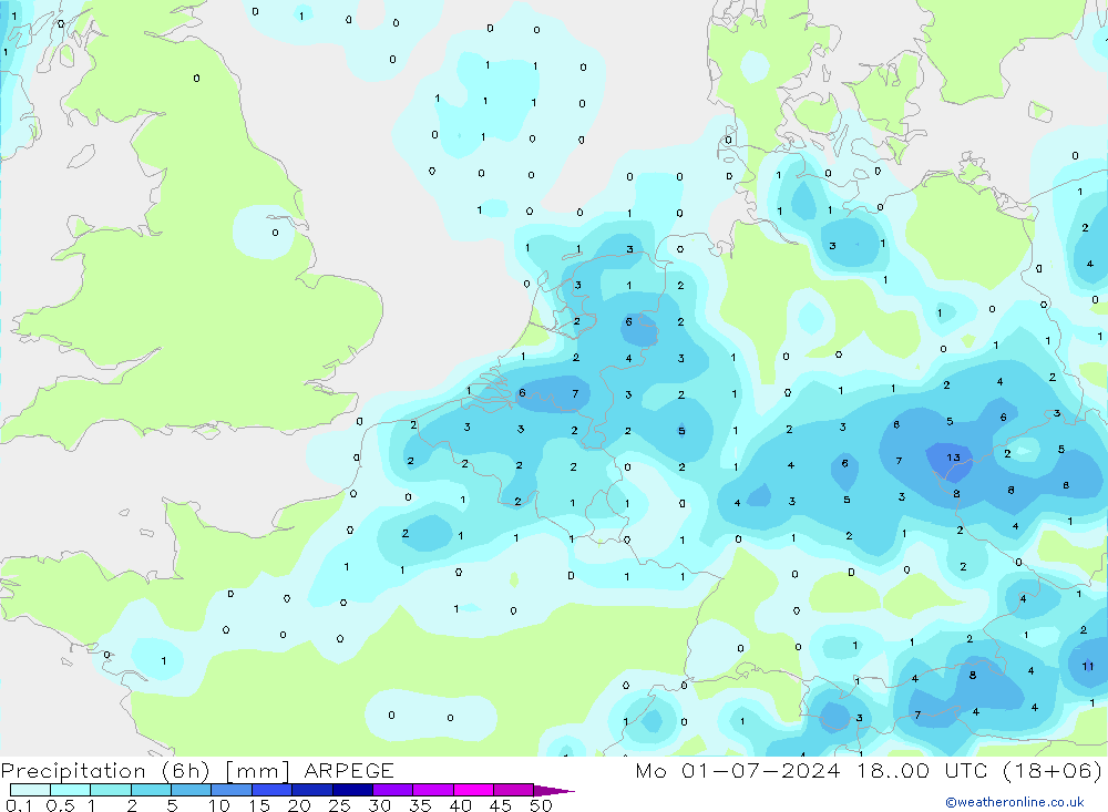 降水量 (6h) ARPEGE 星期一 01.07.2024 00 UTC