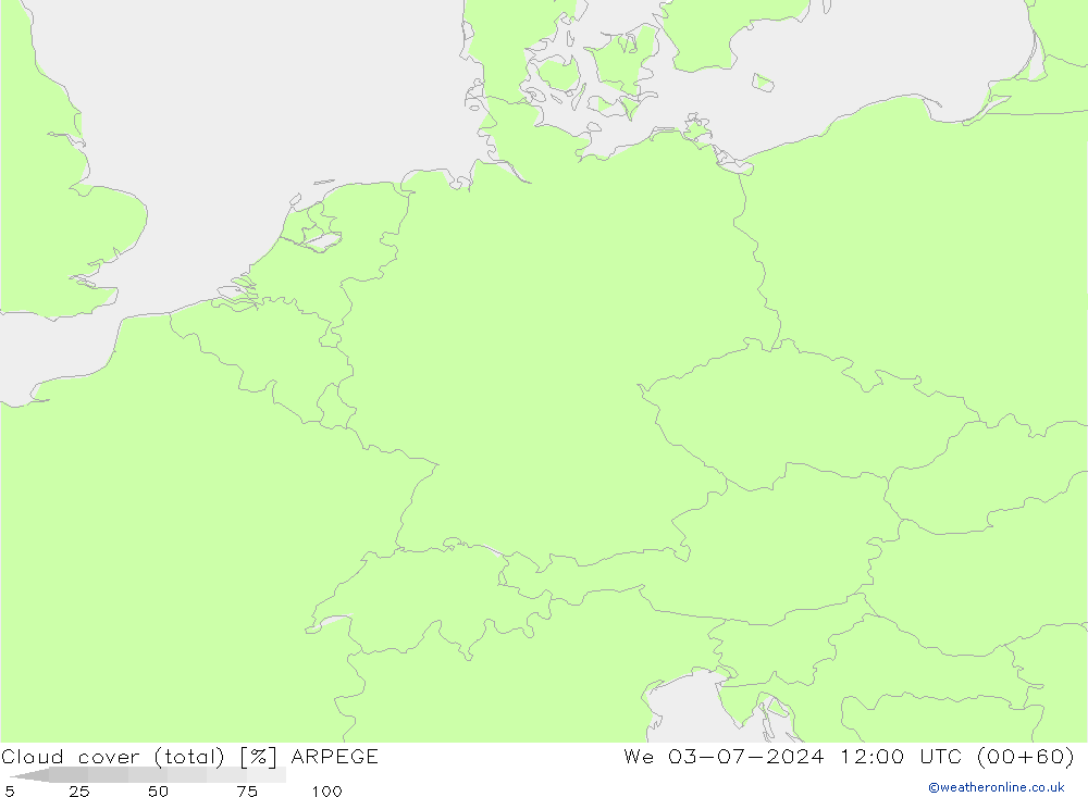 Bewolking (Totaal) ARPEGE wo 03.07.2024 12 UTC