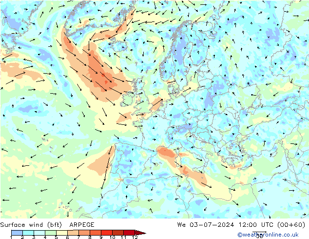 Wind 10 m (bft) ARPEGE wo 03.07.2024 12 UTC