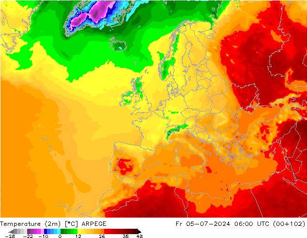 Temperatuurkaart (2m) ARPEGE vr 05.07.2024 06 UTC