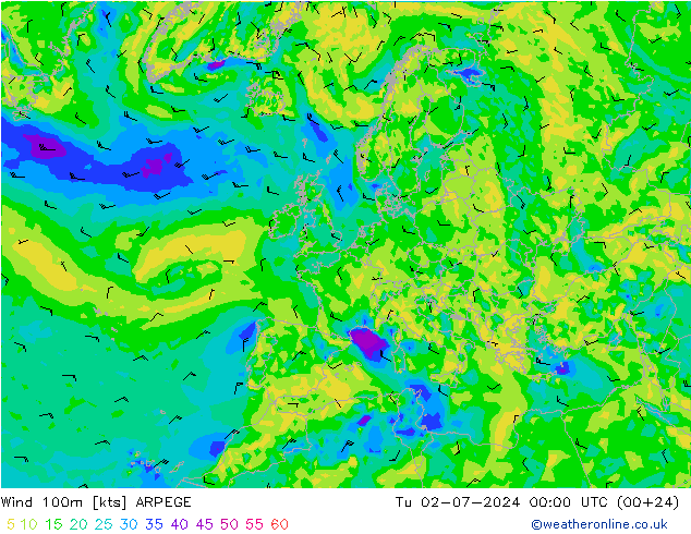 风 100m ARPEGE 星期二 02.07.2024 00 UTC