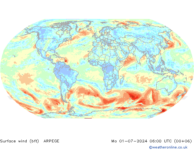 �N 10 米 (bft) ARPEGE 星期一 01.07.2024 06 UTC