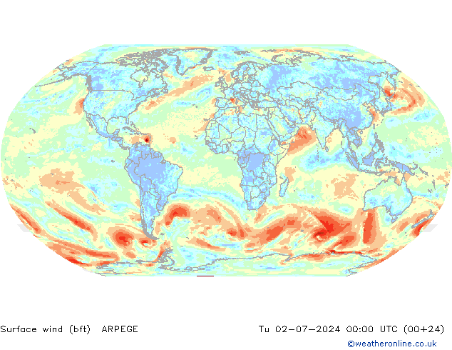 �N 10 米 (bft) ARPEGE 星期二 02.07.2024 00 UTC