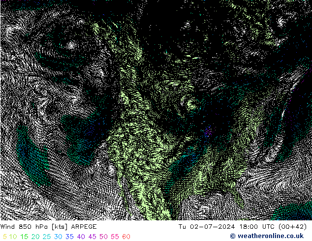 风 850 hPa ARPEGE 星期二 02.07.2024 18 UTC
