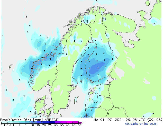 降水量 (6h) ARPEGE 星期一 01.07.2024 06 UTC
