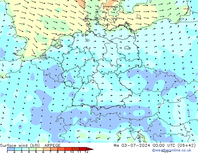 Wind 10 m (bft) ARPEGE wo 03.07.2024 00 UTC