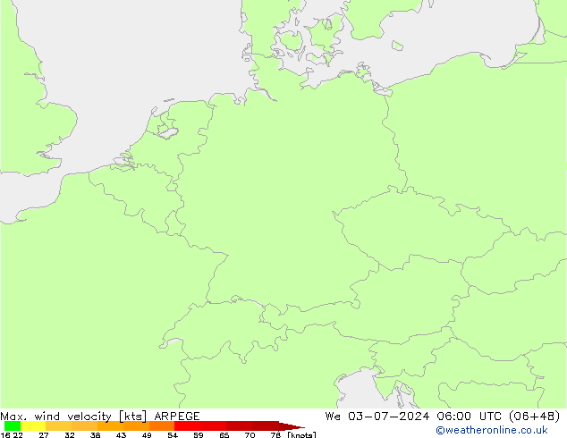 Max. wind snelheid ARPEGE wo 03.07.2024 06 UTC