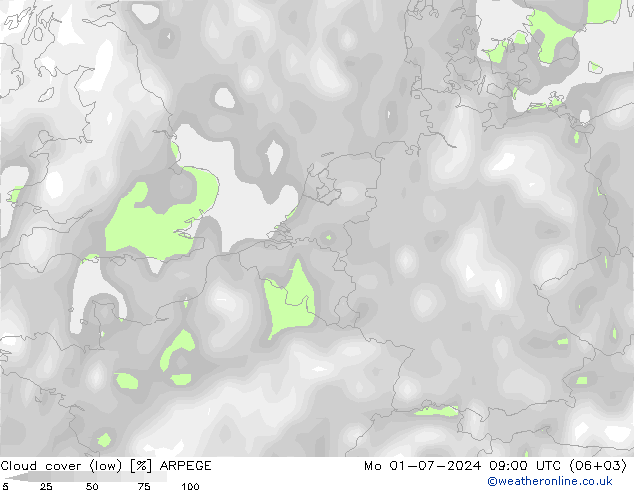 Bewolking (Laag) ARPEGE ma 01.07.2024 09 UTC