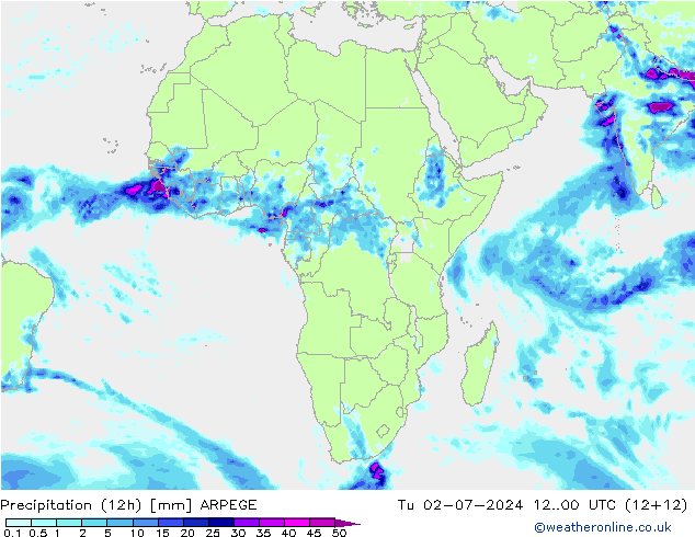 Totale neerslag (12h) ARPEGE di 02.07.2024 00 UTC