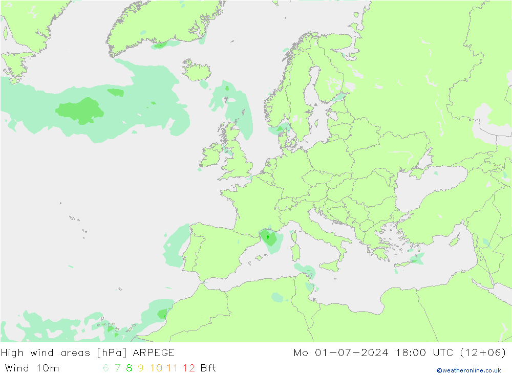 High wind areas ARPEGE 星期一 01.07.2024 18 UTC