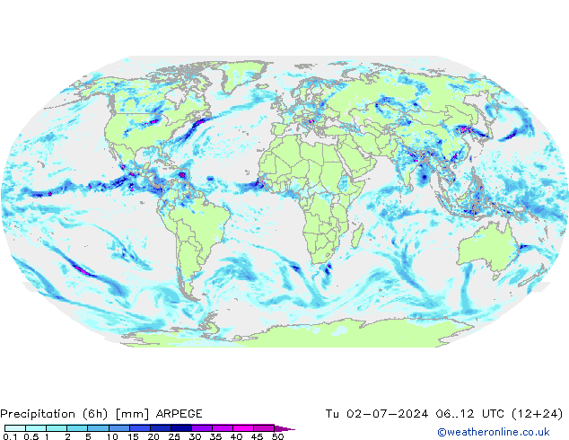 Totale neerslag (6h) ARPEGE di 02.07.2024 12 UTC