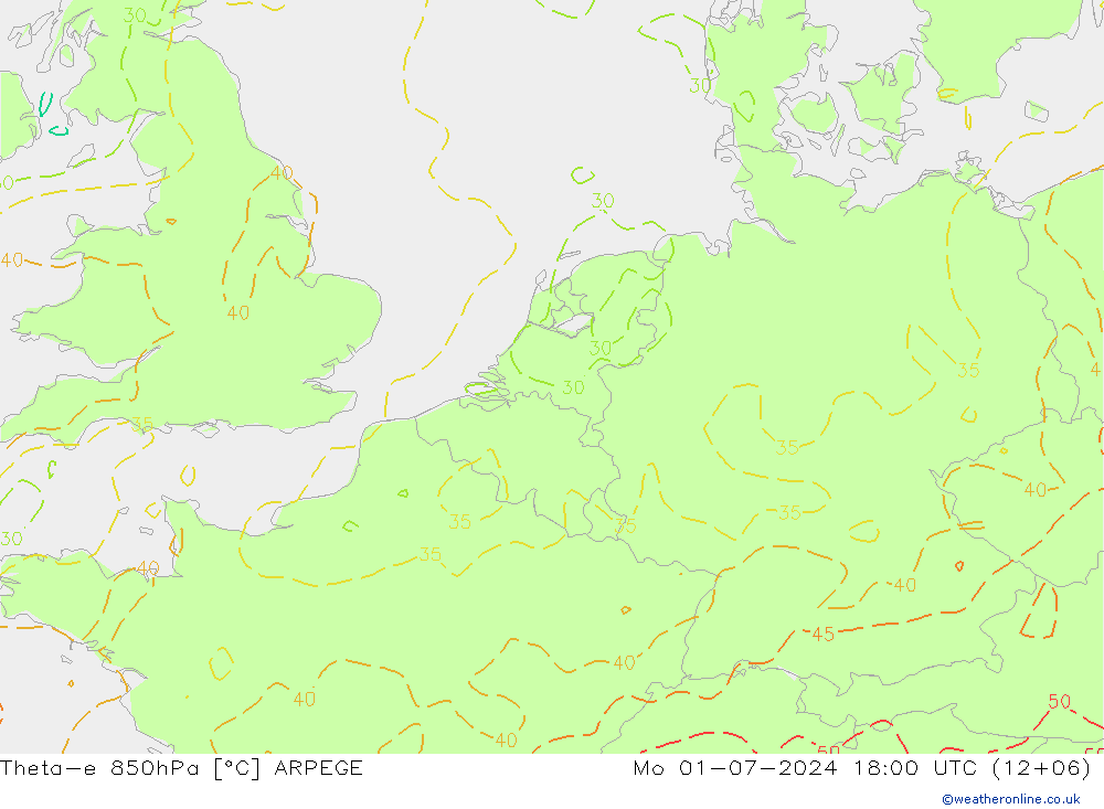 Theta-e 850hPa ARPEGE ma 01.07.2024 18 UTC