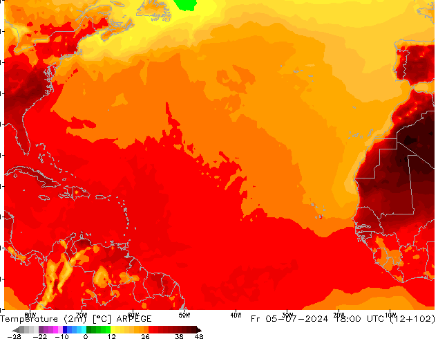 Temperatuurkaart (2m) ARPEGE vr 05.07.2024 18 UTC