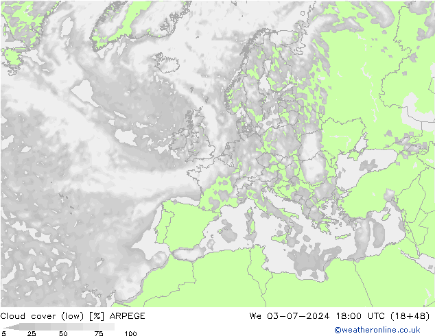 Bewolking (Laag) ARPEGE wo 03.07.2024 18 UTC
