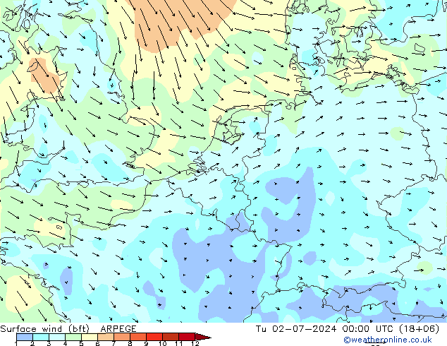 Wind 10 m (bft) ARPEGE di 02.07.2024 00 UTC